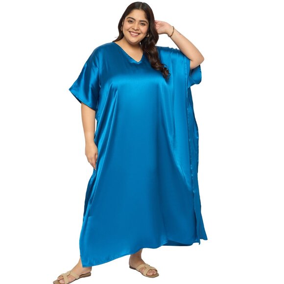 Gypsie Blu Satin Solid Plus Size Maxi Dress Stylish Caftan Dresses for Womens - Picture 2 of 6